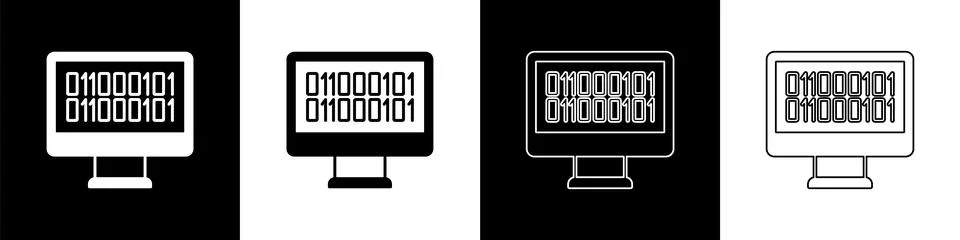 Set Binary code icon isolated on black and white background. Vector Stock Illustration