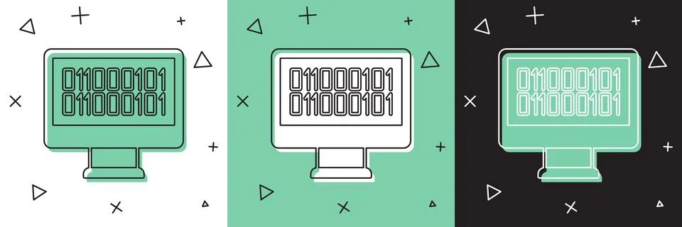 Set Binary code icon isolated on white and green, black background. Vector Stock Illustration