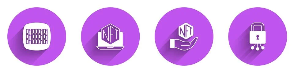 Set Binary code, Laptop with art store app, NFT Digital crypto and Cyber se.. Stock Illustration