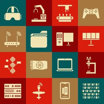 Set Binary code, Microscope, Solar energy panel, Factory conveyor system belt 스톡 일러스트