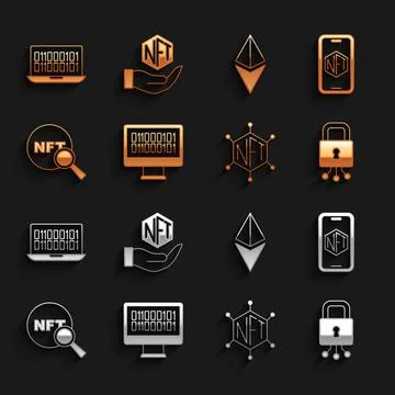 Set Binary code, Mobile with art store app, Cyber security, NFT blockchain Stock Illustration