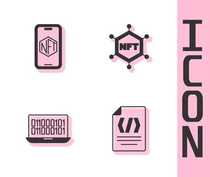 Set Binary code, Mobile with art store app,  and NFT blockchain technology ic イラスト素材