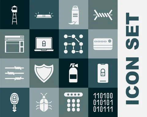 Set Binary code, Mobile with closed padlock, Credit card, Pepper spray, Laptop Illustrazione stock