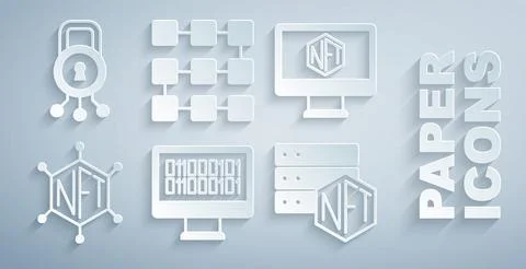 Set Binary code, Monitor with art store app, NFT blockchain technology, and 스톡 일러스트