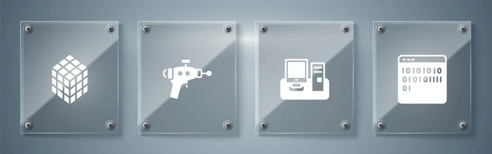 Set Binary code, Monitor with keyboard, Ray gun and Rubik cube. Square glass Stock Illustration