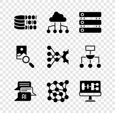 Set Binary code, Network cloud connection, Server, Data, Chat bot, Neural n.. 库存插图