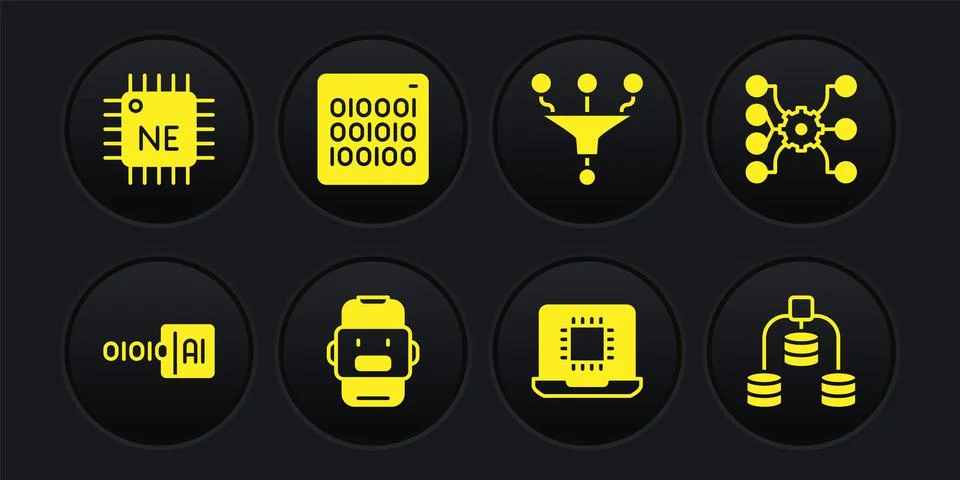Set Binary code, Neural network, Chat bot, Processor CPU, Funnel filter, Server Stock Illustration