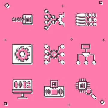Set Binary code, Neural network, Computer api interface, Algorithm, and Stock Illustration
