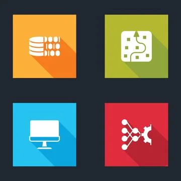 Set Binary code, Neural network, Computer monitor and icon. Vector Stock Illustration