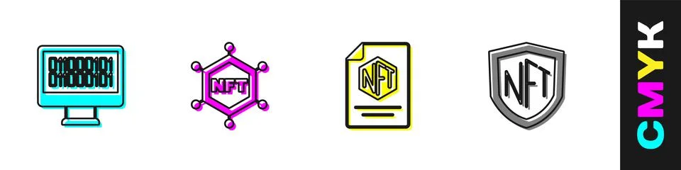 Set Binary code, NFT blockchain technology, contract and shield icon. Vector Stock Illustration