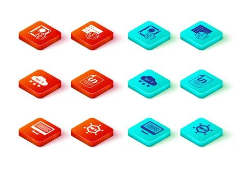 Set Binary code, NFT blockchain technology, cloud, and Digital crypto art icon Stock Illustration