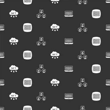 Set Binary code, NFT cloud and blockchain technology on seamless pattern. Vector Stock Illustration