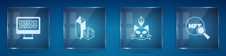 Set Binary code, NFT Digital crypto art, and Search. Square glass panels. Vector Stock Illustration