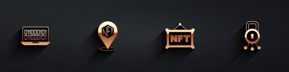 Set Binary code, NFT Digital crypto art, and Cyber security icon with long Stock Illustration