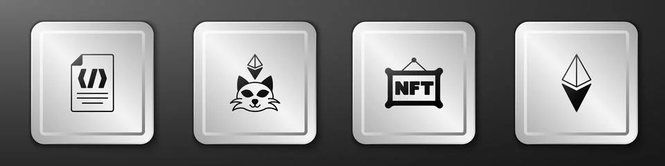 Set Binary code, NFT Digital crypto art, and Ethereum ETH icon. Silver square Stock Illustration