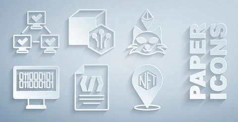 Set Binary code, NFT Digital crypto art, and blockchain technology icon. Vector 库存插图