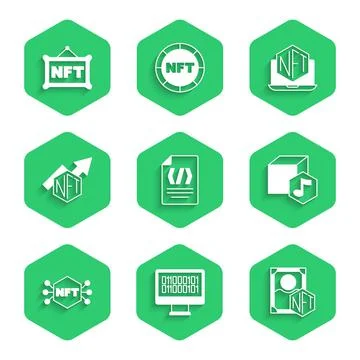 Set Binary code, NFT Digital crypto art, growth bar chart, Laptop with store app Stock Illustration