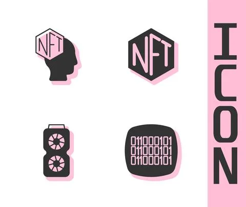 Set Binary code, NFT Digital crypto art, Video graphic card and icon. Vector Stock Illustration