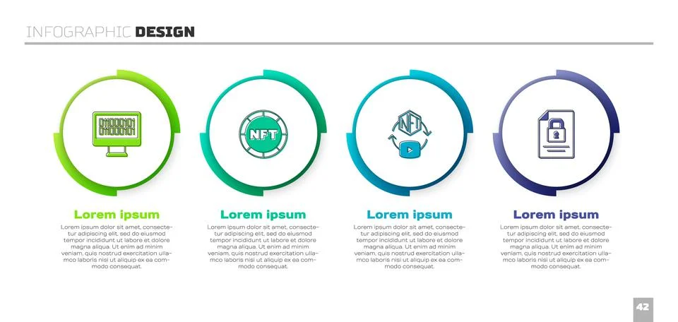 Set Binary code, NFT Digital crypto art, and Document and lock. Business Stock Illustration