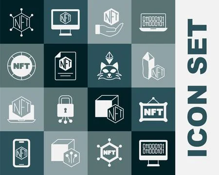 Set Binary code, NFT Digital crypto art, contract, blockchain technology and 库存插图