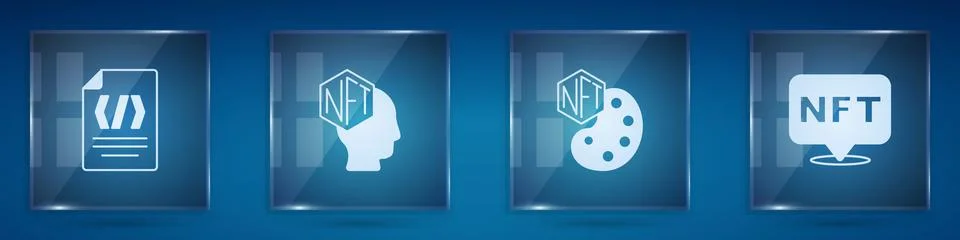 Set Binary code, NFT Digital crypto art, and . Square glass panels. Vector Stockillustratie