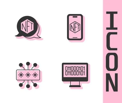Set Binary code, NFT Digital crypto art, Cyber security and Mobile with store Stock Illustration