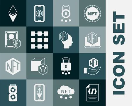 Set Binary code, NFT Digital crypto art, Laptop with store app, Cyber security Stock Illustration