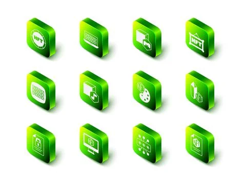 Set Binary code, NFT Digital crypto art, contract, Cyber security and Monitor Stock Illustration