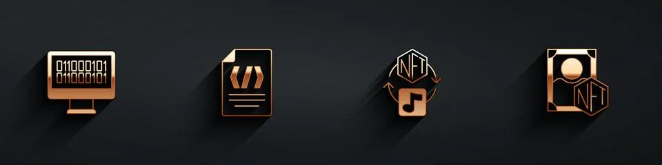 Set Binary code, NFT Digital crypto art and icon with long shadow. Vector Stock Illustration