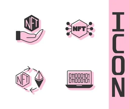 Set Binary code, NFT Digital crypto art, Ethereum exchange and icon. Vector Stockillustratie