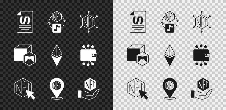 Set Binary code, NFT Digital crypto art, blockchain technology, and Ethereu.. Illustrazione stock