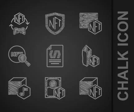 Set Binary code NFT Digital crypto art Search blockchain technology and icon. Stock Illustration