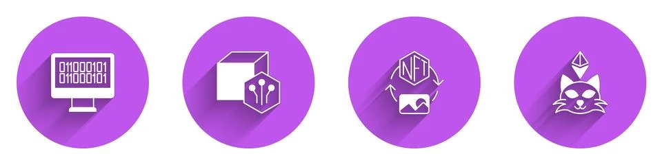Set Binary code, NFT Digital crypto art, and icon with long shadow. Vector Stock Illustration