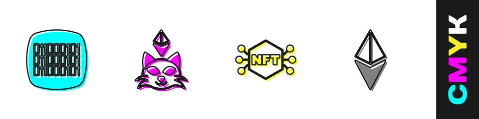 Set Binary code, NFT Digital crypto art,  and Ethereum ETH icon. Vector Stock Illustration