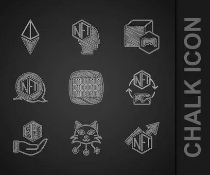Set Binary code, NFT Digital crypto art, growth bar chart,  and Ethereum ET.. Stock Illustration