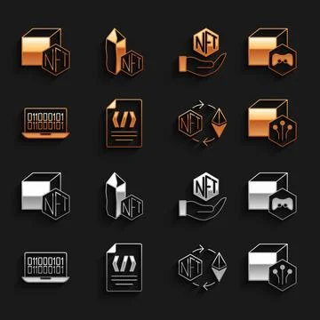 Set Binary code, NFT Digital crypto art, Ethereum exchange,  and  icon. Vecto Stock Illustration