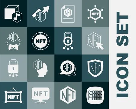 Set Binary code, NFT shield, Digital crypto art, contract, and Cyber security Stock Illustration