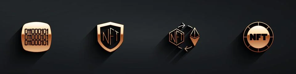 Set Binary code, NFT shield, Ethereum exchange and Digital crypto art icon .. Stock Illustration