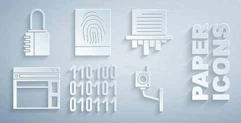 Set Binary code, Paper shredder, Website template, Security camera, Fingerprint Stock Illustration