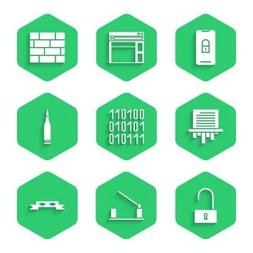 Set Binary code, Parking car barrier, Open padlock, Paper shredder, Thief eye Stock Illustration