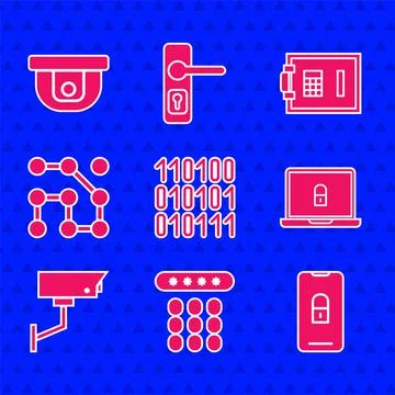 Set Binary code, Password protection, Mobile with closed padlock, Laptop and Stock Illustration