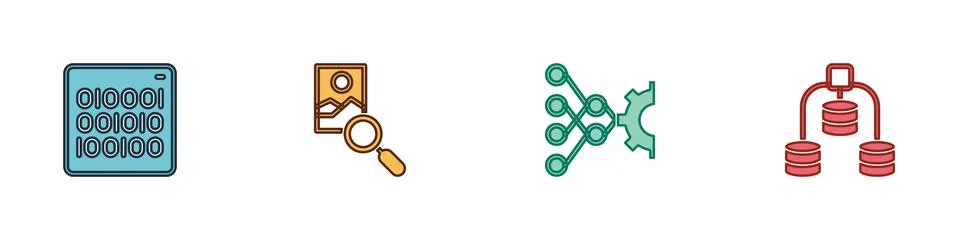 Set Binary code, Photo retouching, Neural network and Server, Data icon. Vector Stock Illustration