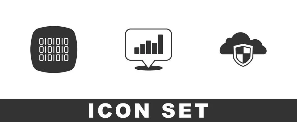 Set Binary code, Pie chart infographic and Cloud and shield icon. Vector イラスト素材