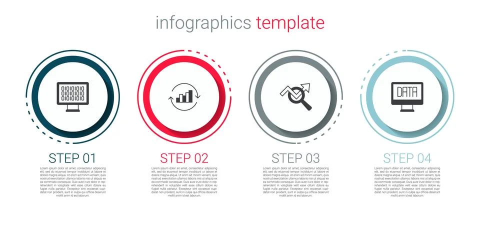 Set Binary code, Pie chart infographic, Search data analysis and Data. Business Stock Illustration
