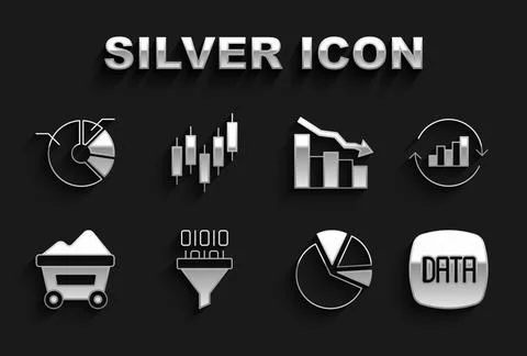 Set Binary code, Pie chart infographic, Data analysis, Coal mine trolley, F.. Illustrazione stock