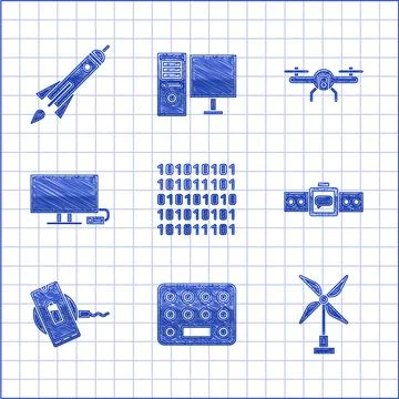 Set Binary code, Pills blister pack, Wind turbine, Smartwatch, Wireless charger Stock Illustration