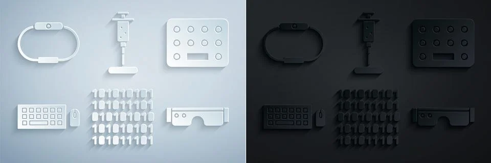 Set Binary code, Pills blister pack, Keyboard and mouse, Smart glasses, Syringe Stock Illustration