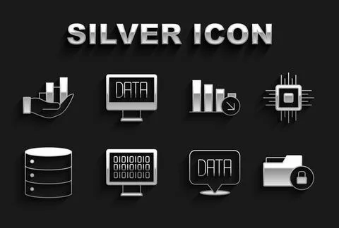 Set Binary code, Processor CPU, Folder and lock, Data analysis, Server, Fin.. Stockillustratie