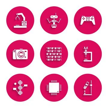 Set Binary code, Processor with microcircuits CPU, Test tube flask on fire Stock Illustration