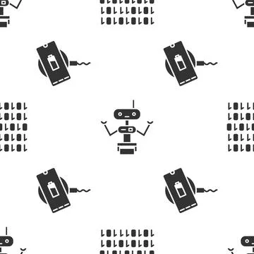 Set Binary code, Robot and Wireless charger on seamless pattern. Vector Stock Illustration
